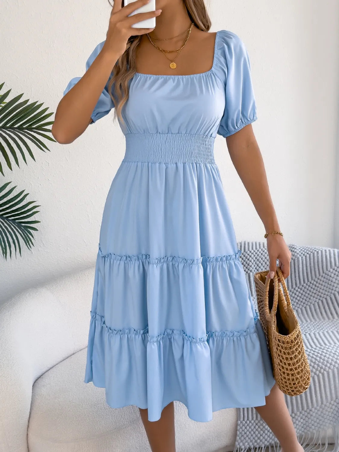Square Neck Short Puff Sleeve Dress  Shop One Place