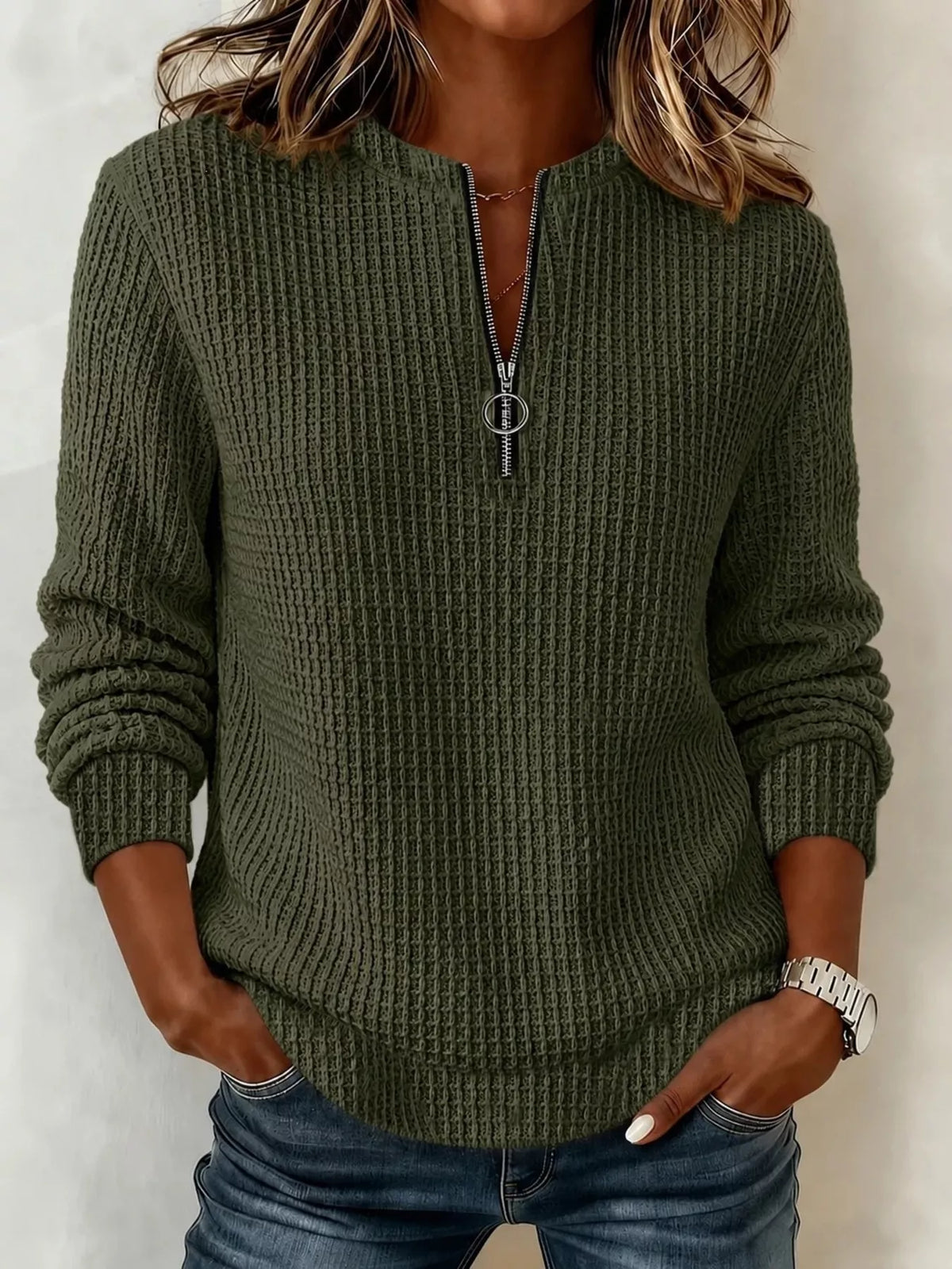 Women's Quarter-Zip Waffle Knit Sweatshirt – view 3