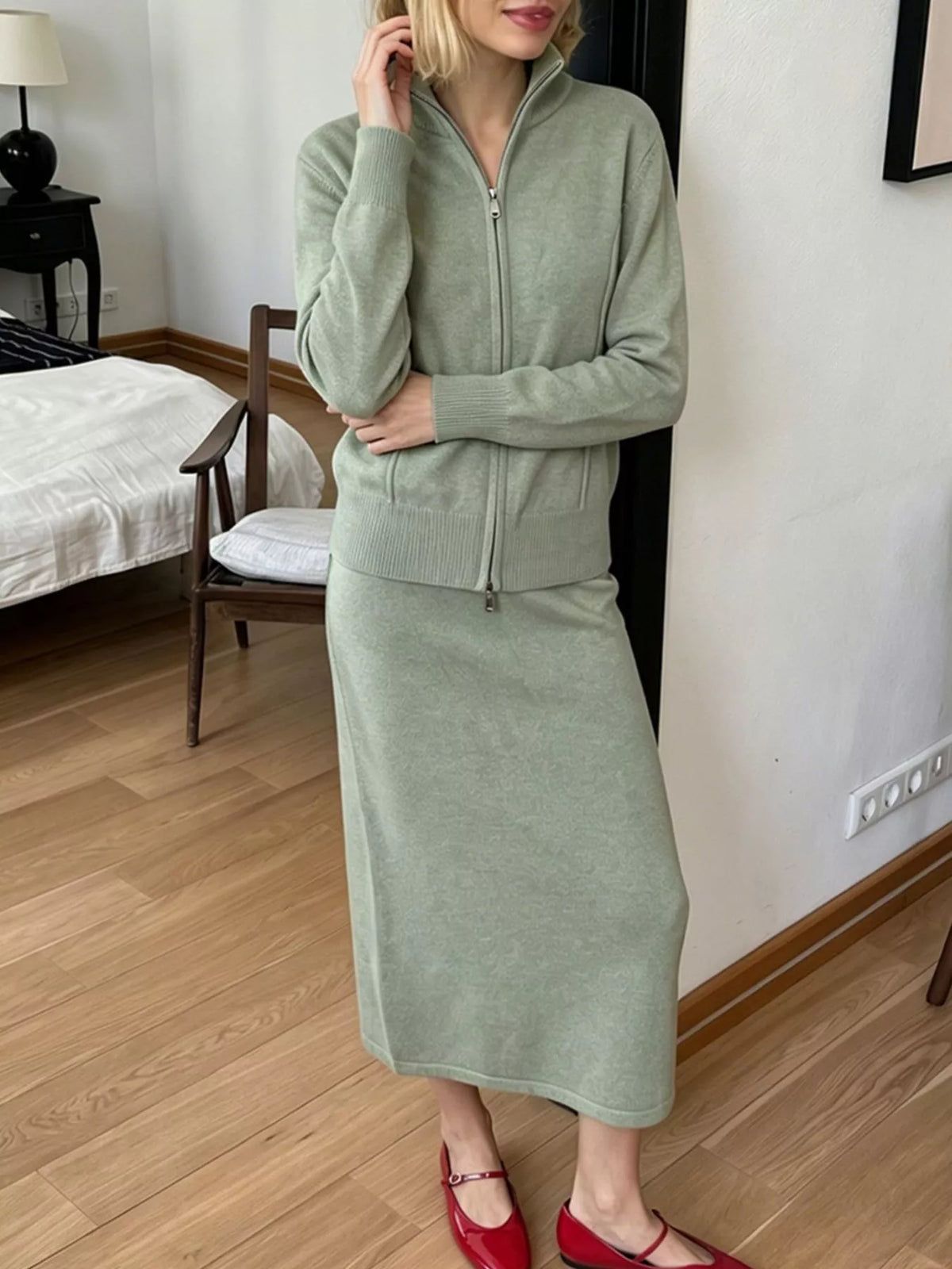 Zip-Up Mock Neck Cardigan and Matching Midi Skirt Sweater Set  Shop One Place
