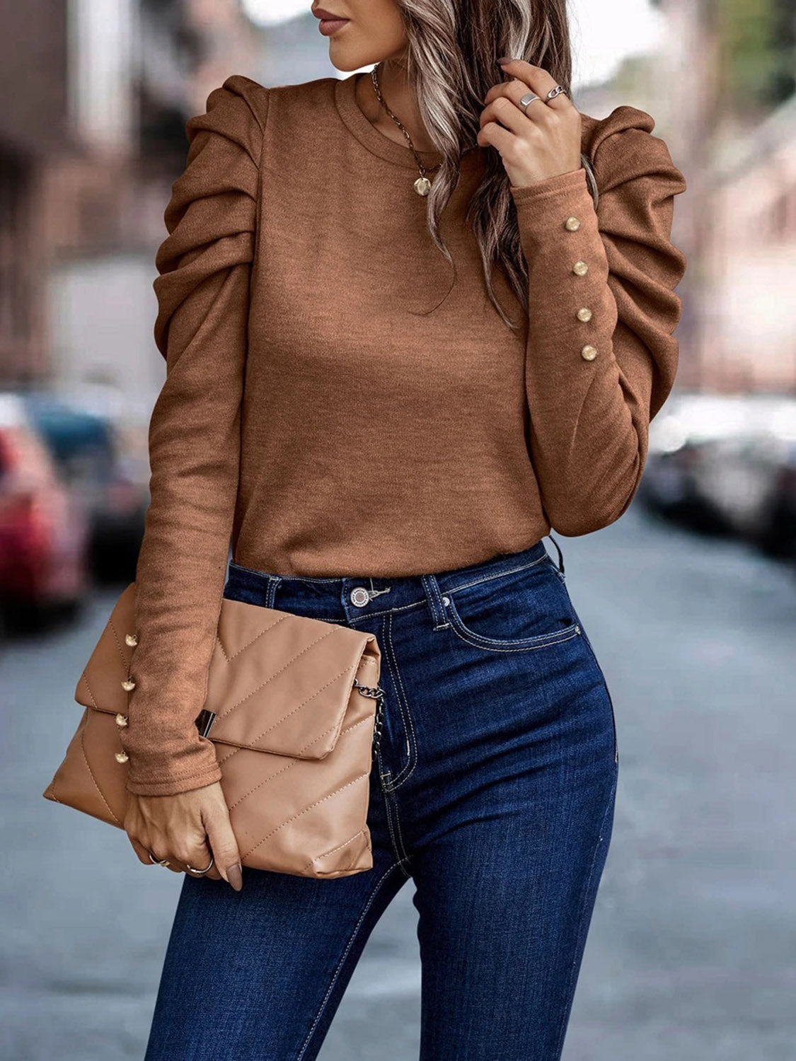 Decorative Button Puff Sleeve T-Shirt  Shop One Place