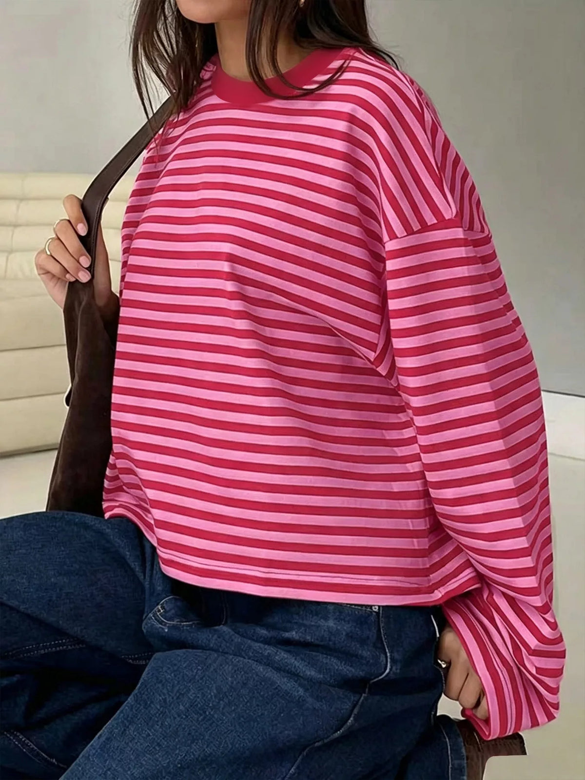 Full Size Casual Long-Sleeve Striped Crew Neck T-Shirt Plus Size  Shop One Place