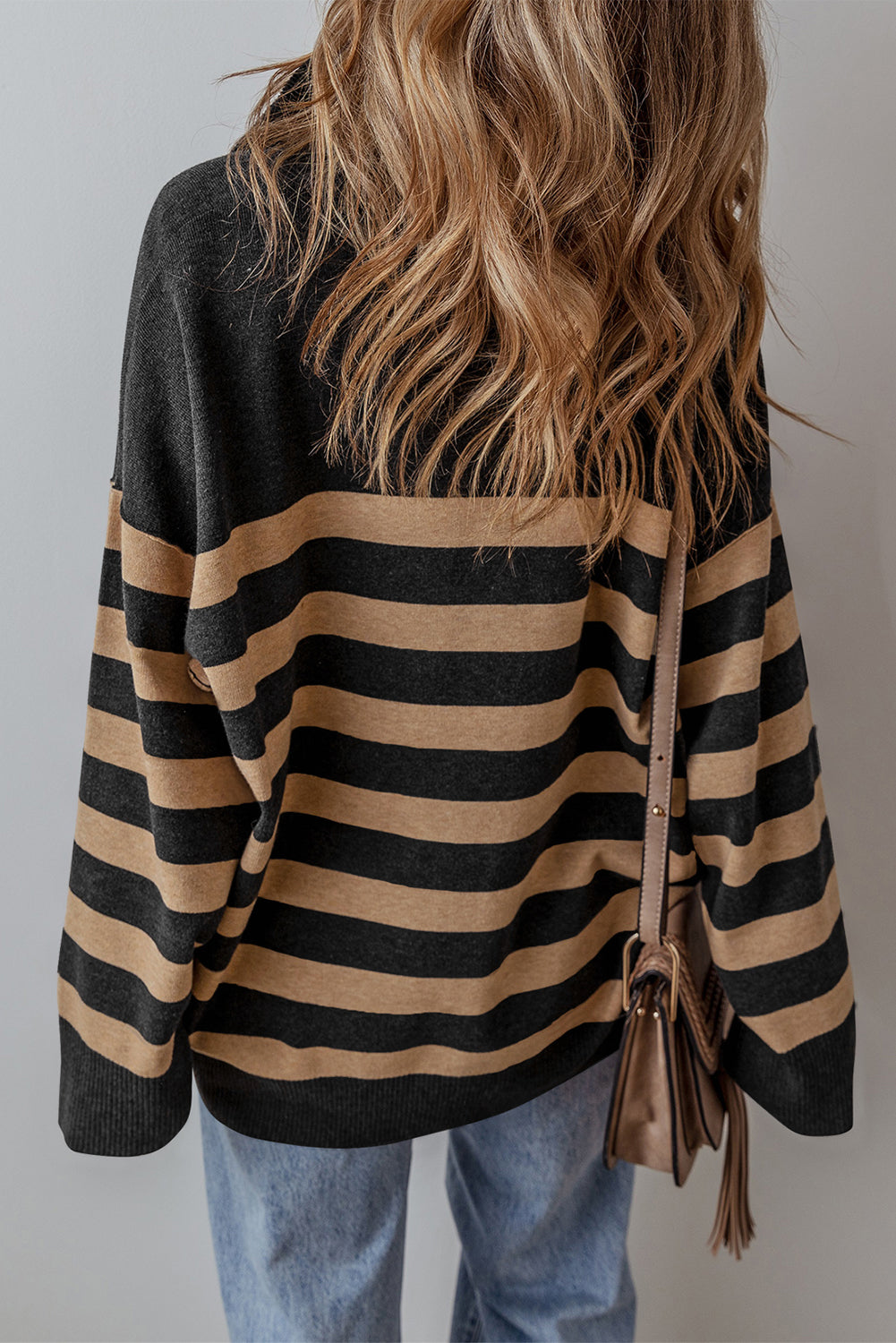 Striped Collared Quarter Zip Oversized Sweater