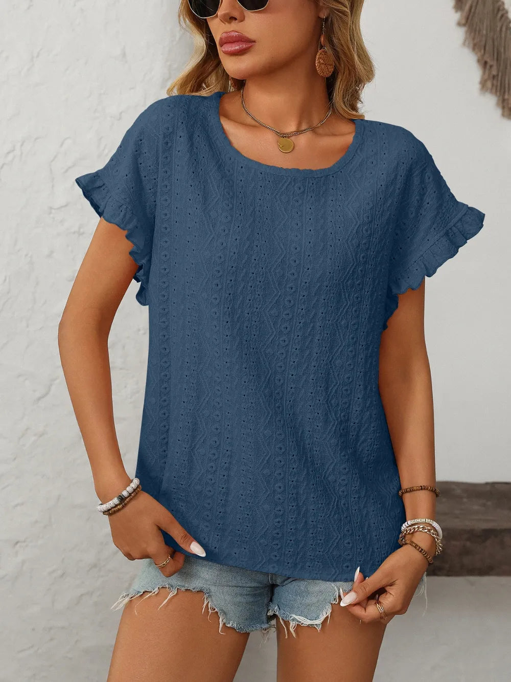 Mandy Eyelet Round Neck Short Sleeve Top  Shop One Place