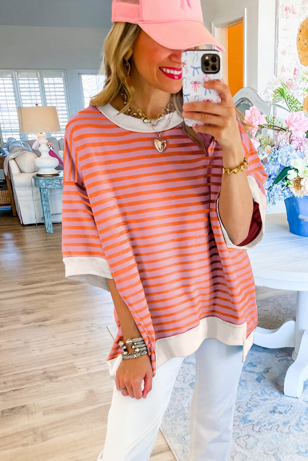 Stripe Colorblock Drop Sleeve Oversized T Shirt