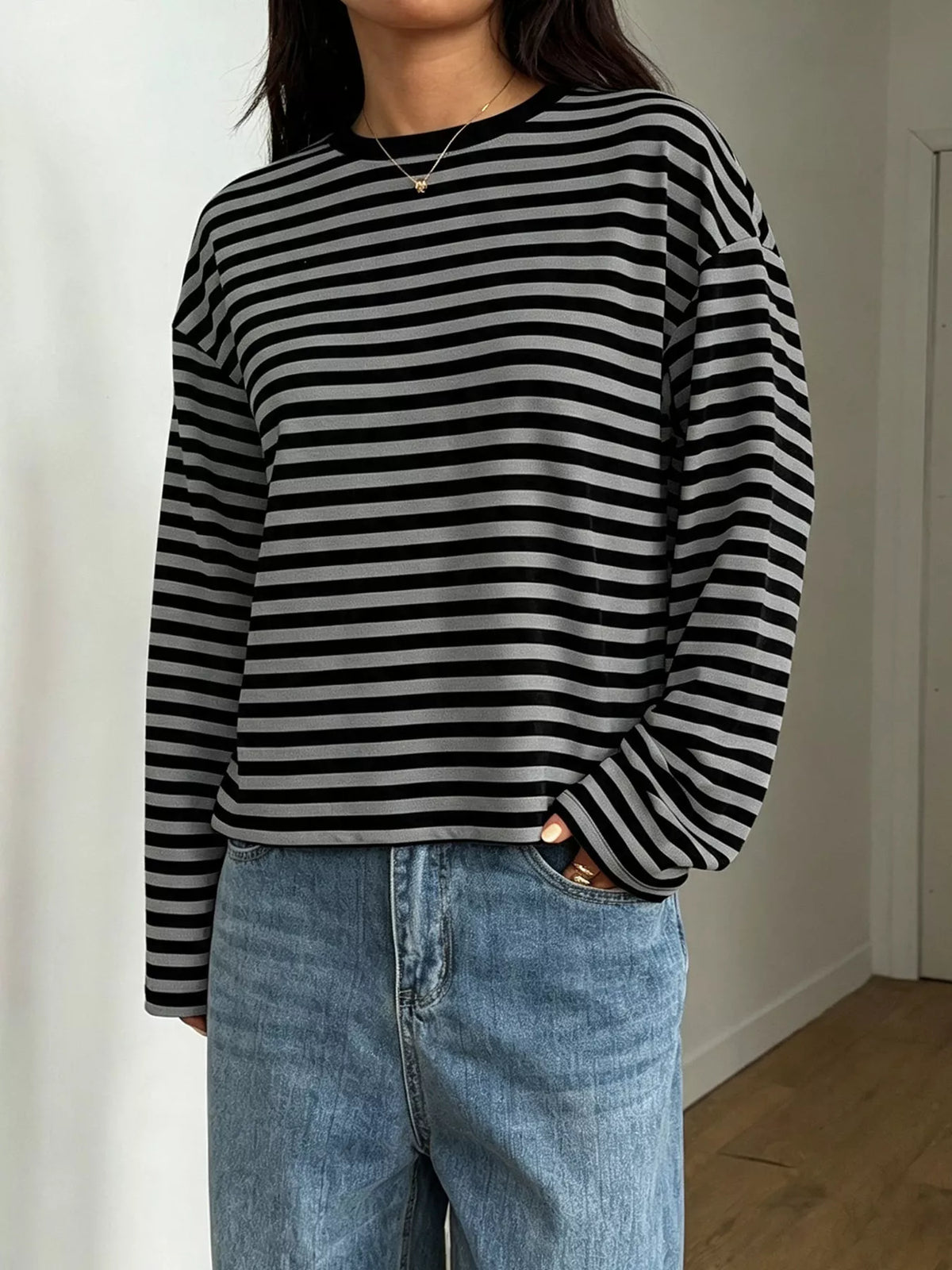 Striped Long Sleeve Crew Neck T-Shirt Plus Size in Multicolor