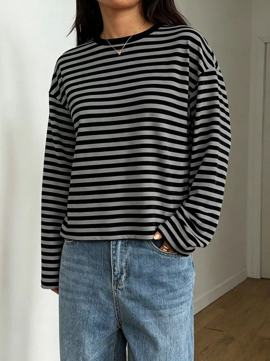 Striped Long Sleeve Crew Neck T-Shirt Plus Size in Multicolor