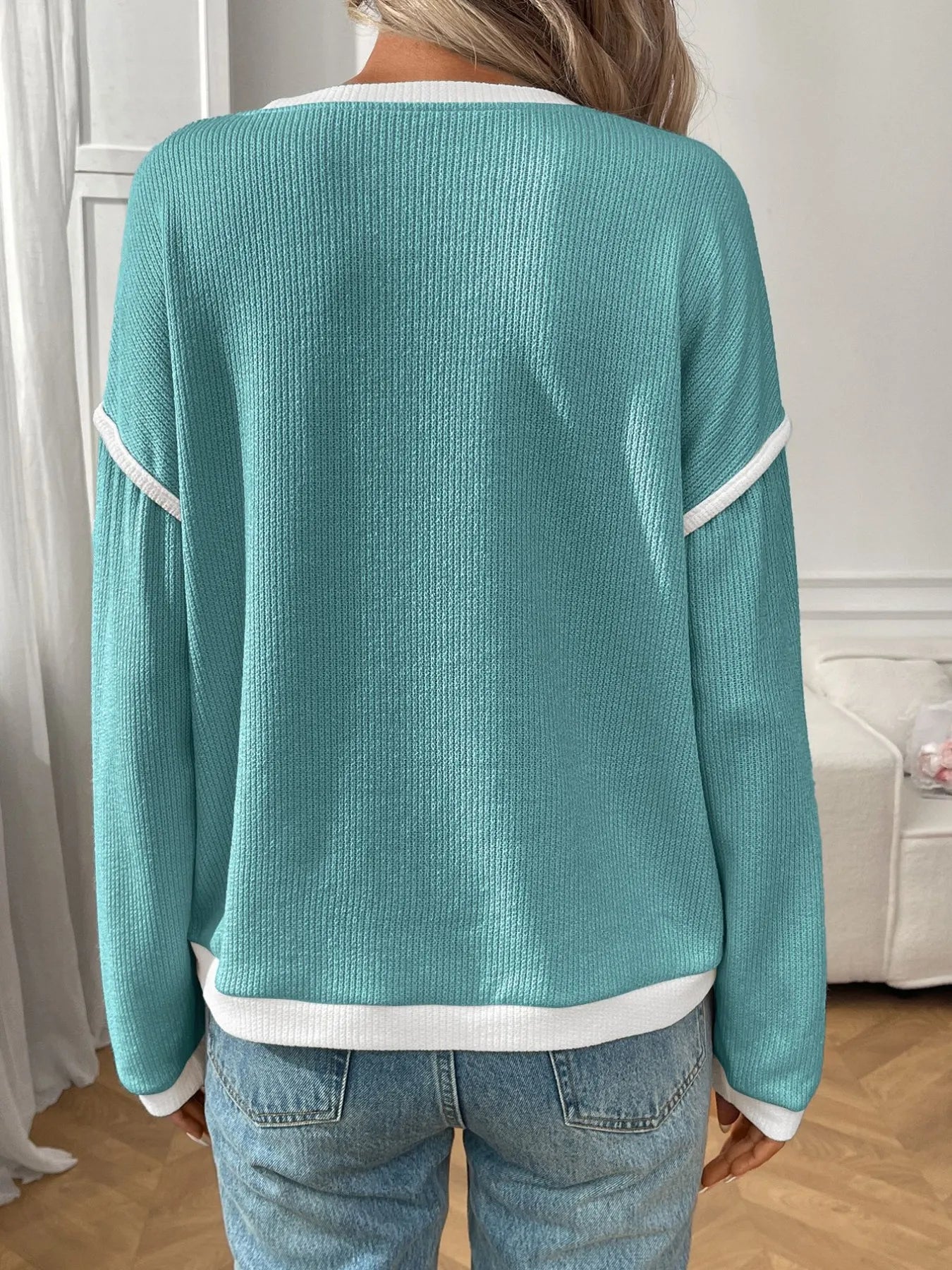Ribbed Contrast Trim Long Sleeve Top  Shop One Place