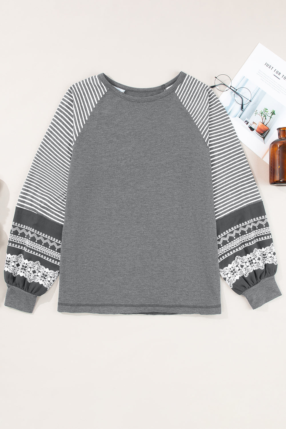 Gray Contrast Print Striped Raglan Long Sleeve Loose Top  Shop One Place