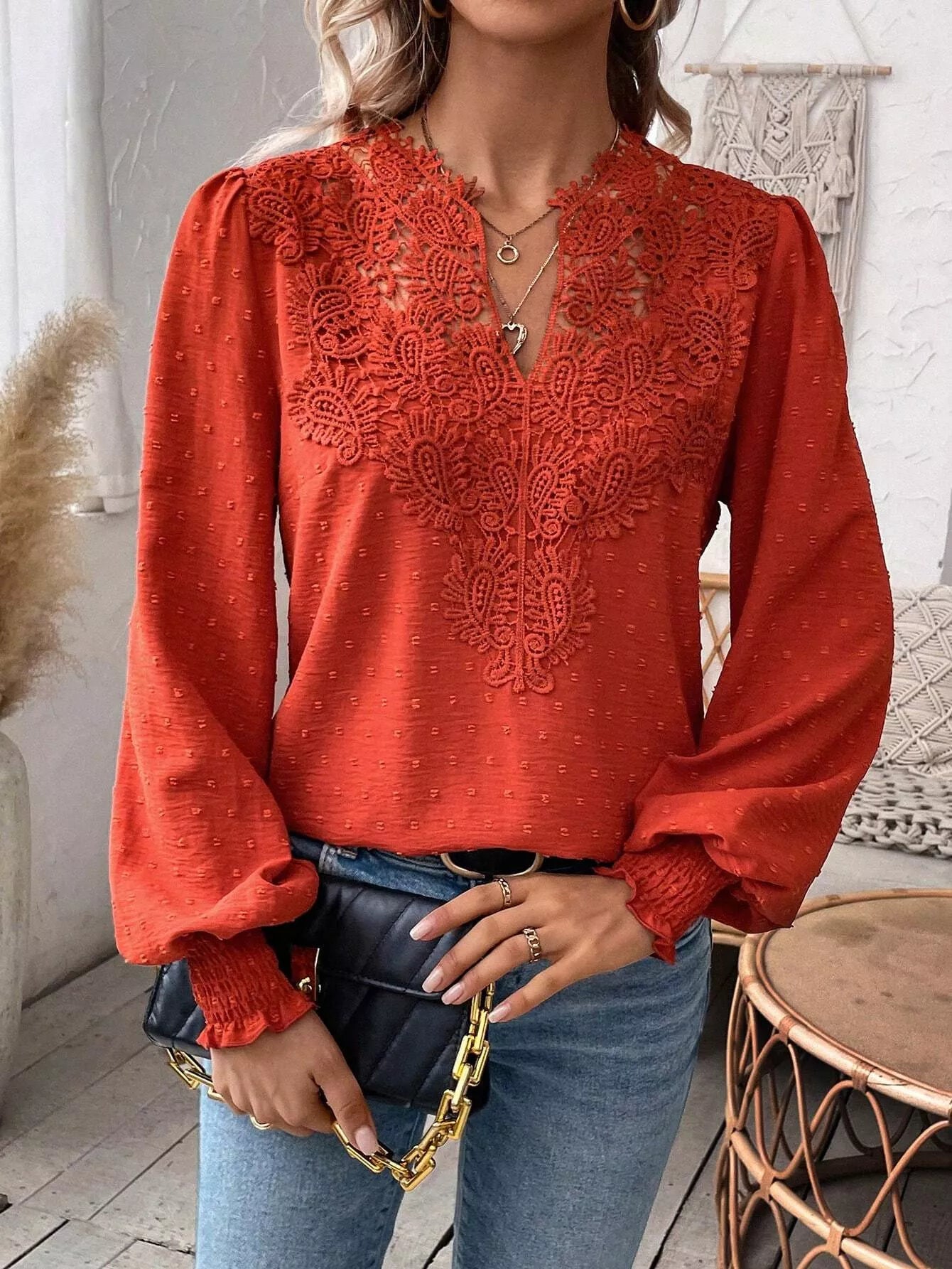 Swiss Dot Lace Detail Long Sleeve Blouse  Shop One Place