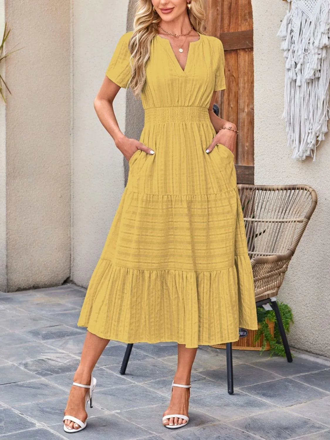 Tiered Notched Short Sleeve Dress  Shop One Place