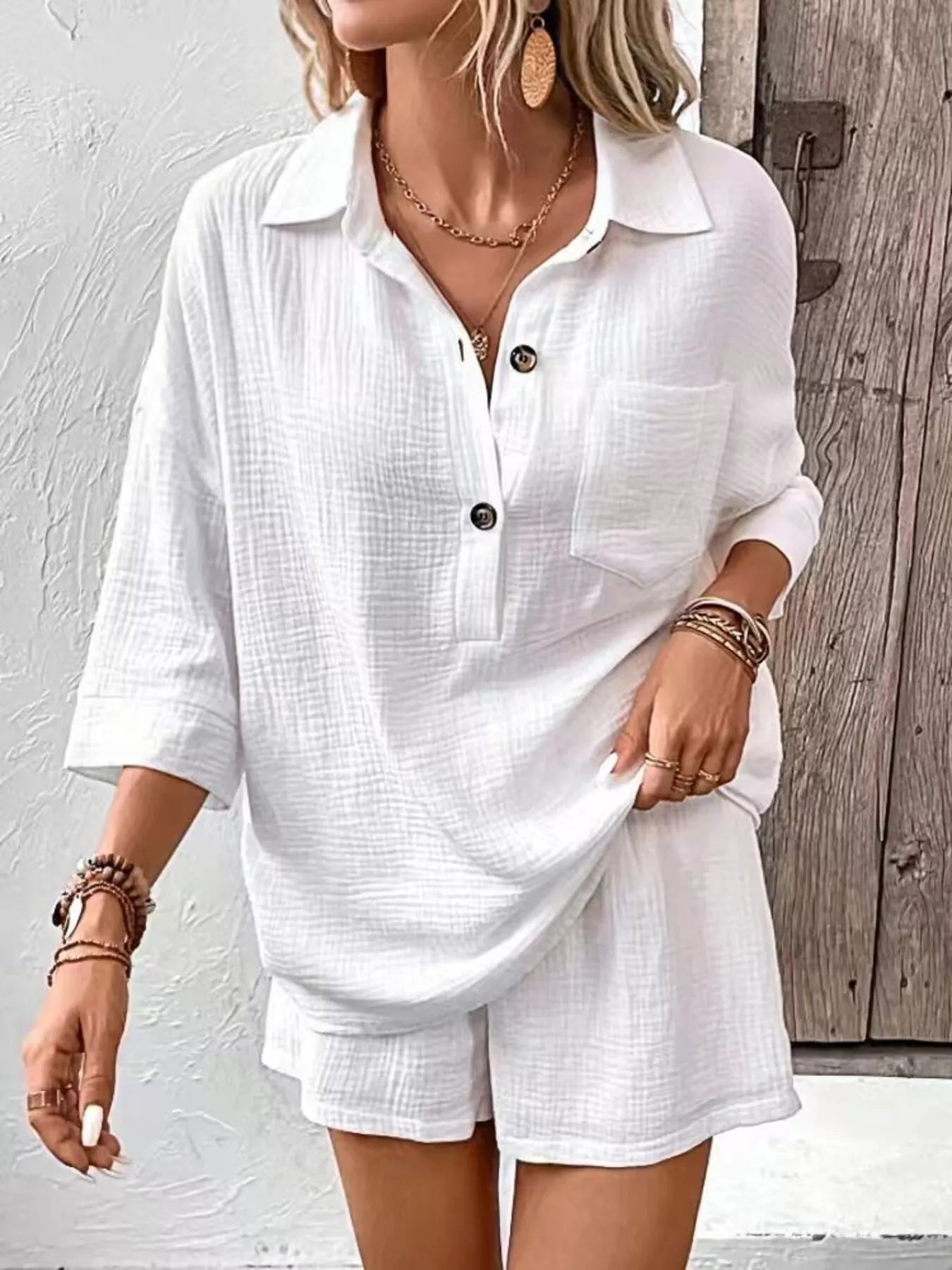 Button Detail Top and Shorts Set  Shop One Place