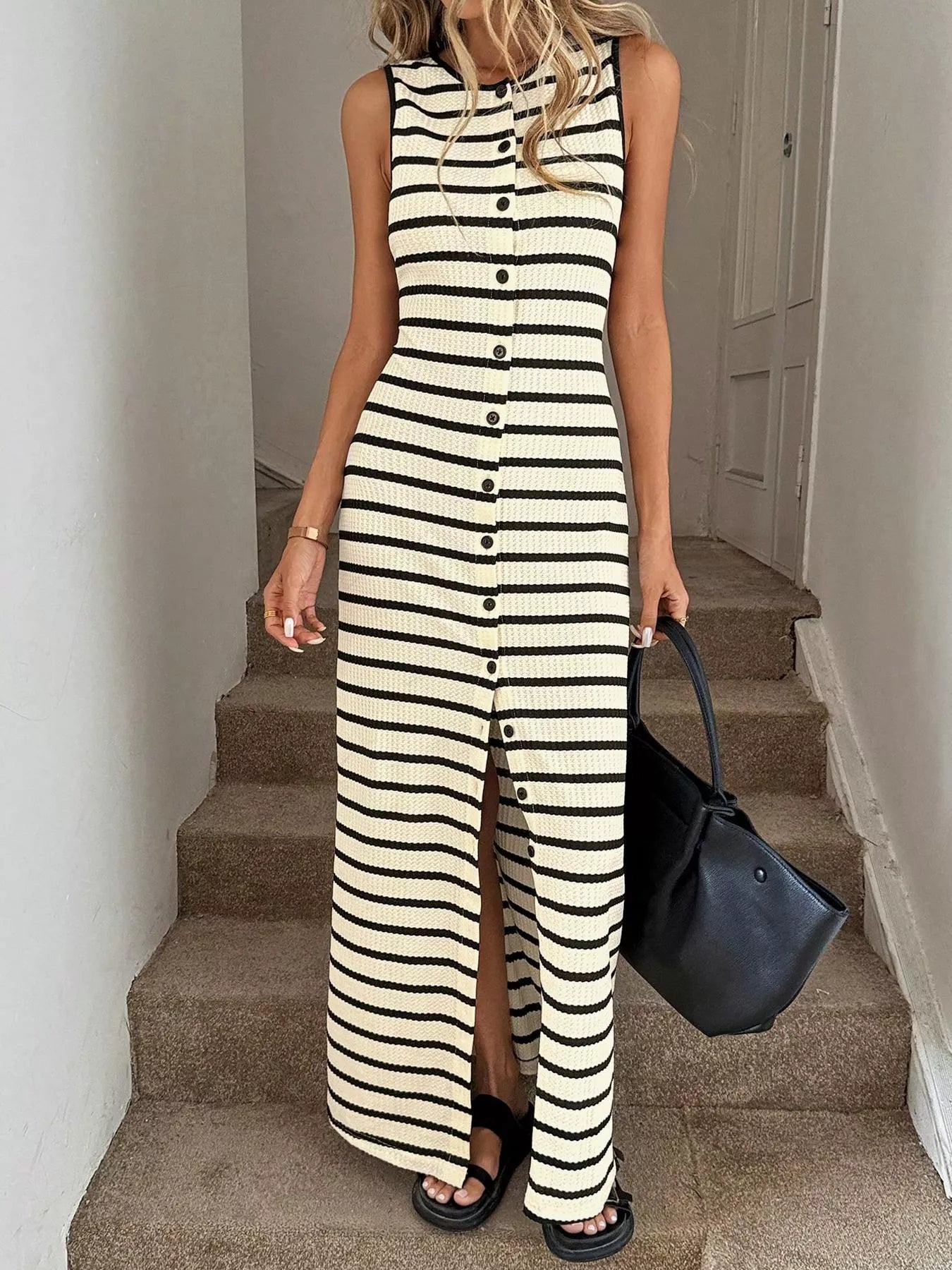 Striped Button-Front Sleeveless Maxi Dress – Cotton Blend Slit Dress for Women  Shop One Place