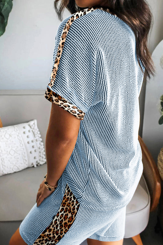 Sky Blue Leopard Trim Twist Ribbed Short Set  Shop One Place