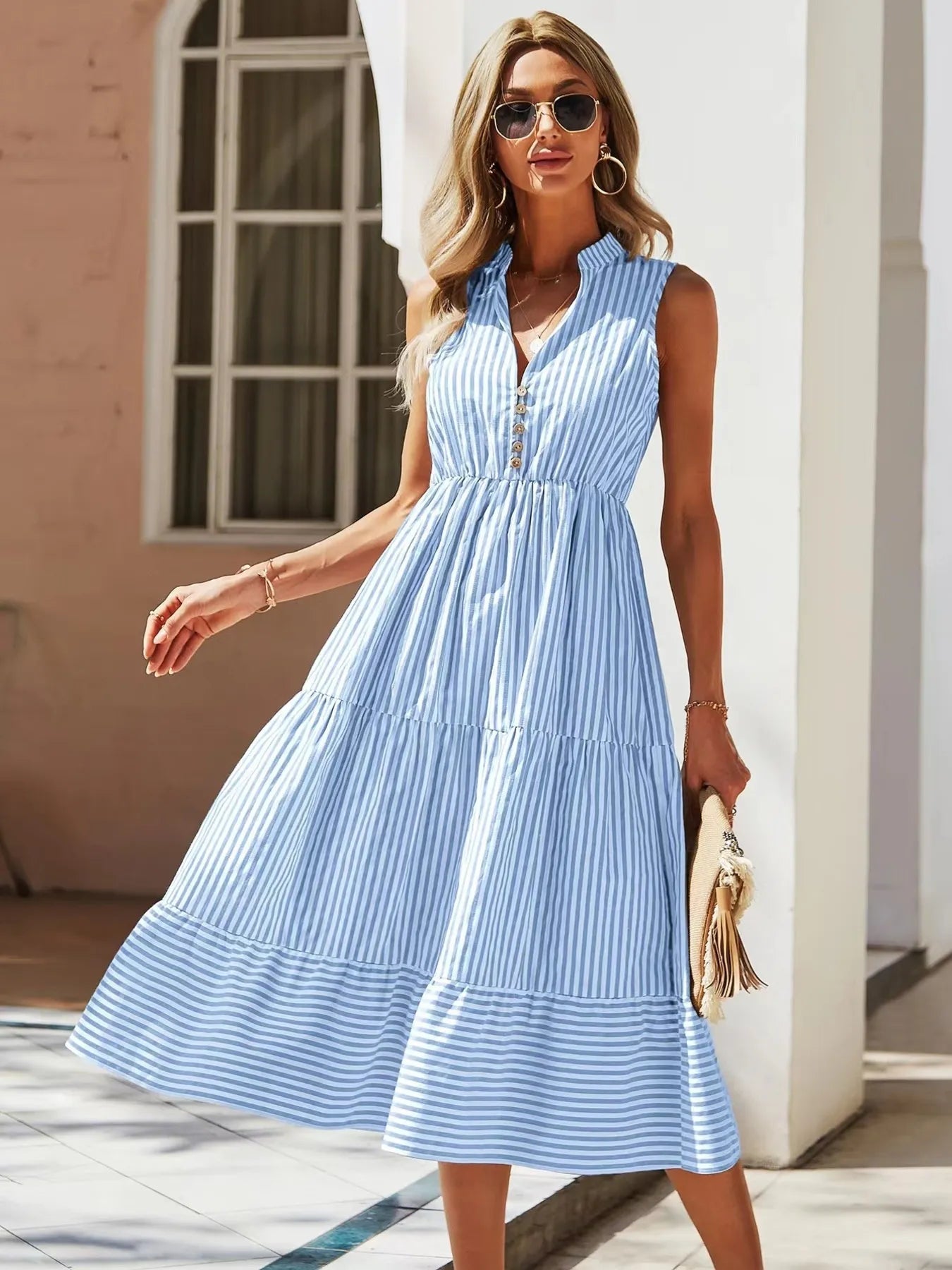 Striped Sleeveless Tiered Midi Dress  Shop One Place