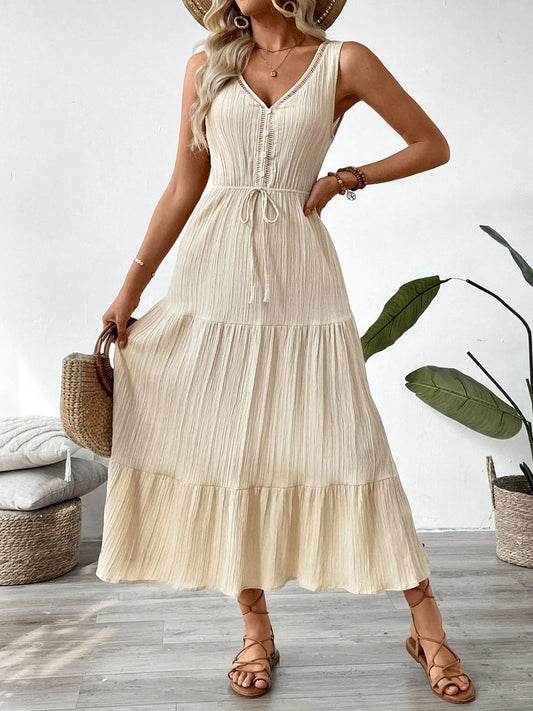 Decorative Button V-Neck Sleeveless Midi Tank Dress  Shop One Place