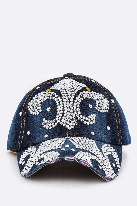 Crystal Fleur De Lis Embelished Denim Cap