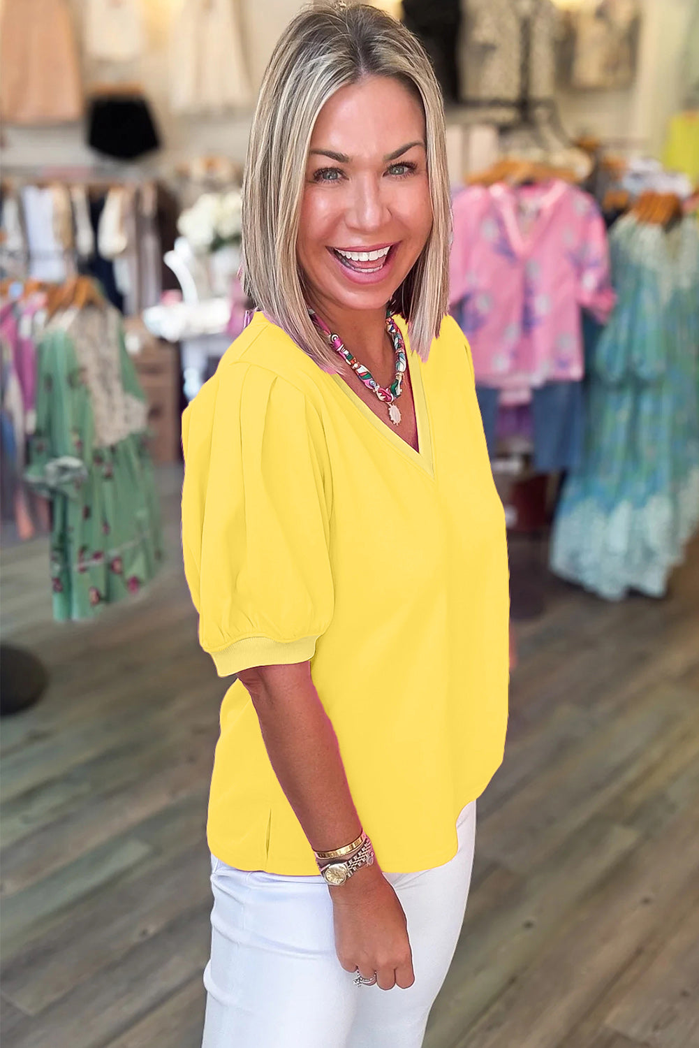 Turquoise Solid Color V Neck Short Puff Sleeve Blouse  Shop One Place