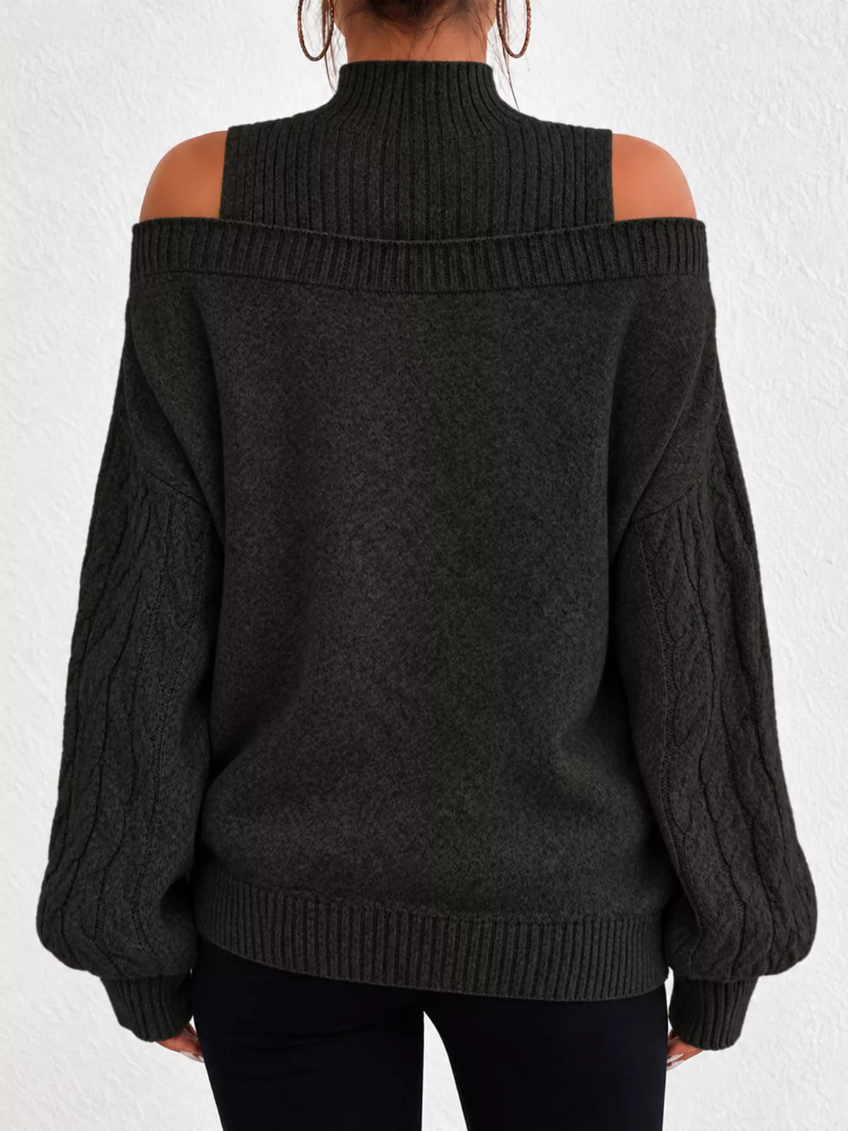 Women's Cold Shoulder Mock Neck Cable Knit Sweater – view 16