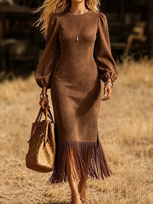 Women's Fringe Hem Balloon Sleeve Midi Dress