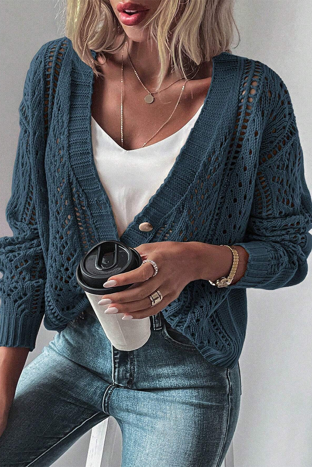 Dark Khaki Hollow Knit Drop Shoulder Cardigan  Shop One Place