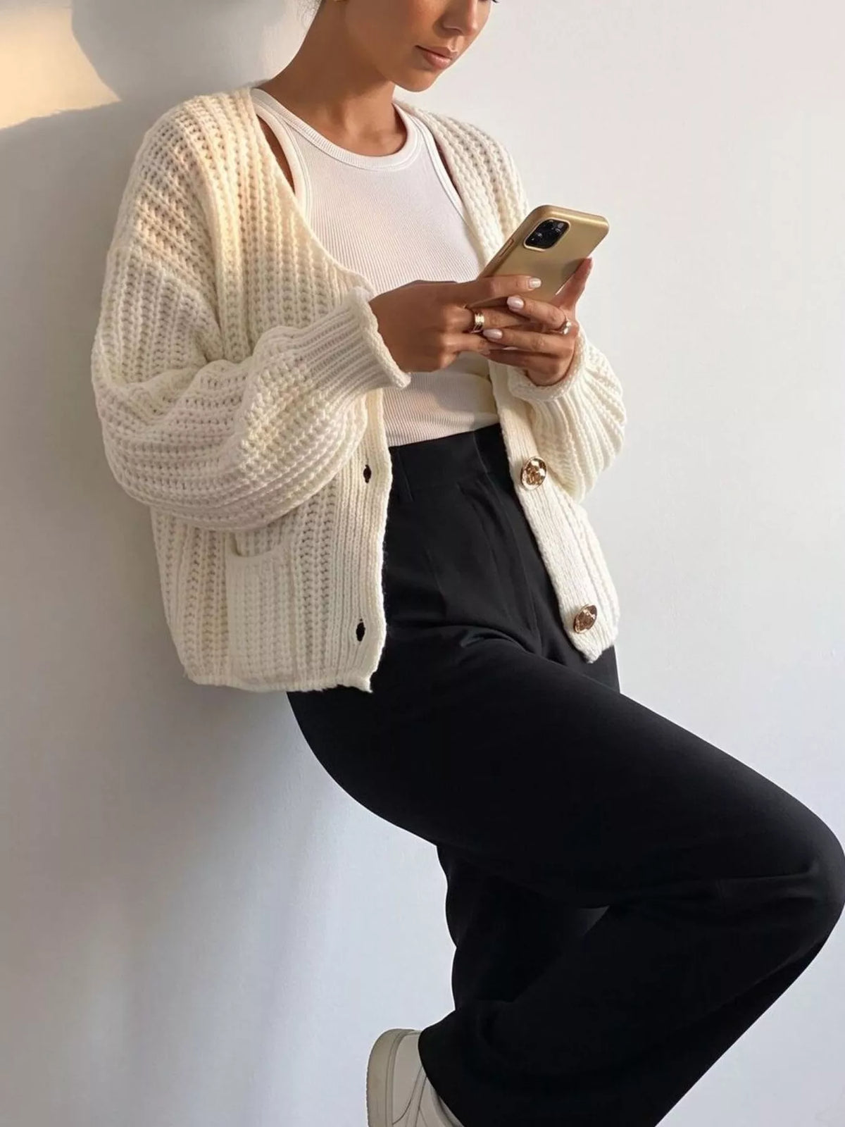 Ribbed Knit Cardigan with Gold-Tone Buttons  Shop One Place
