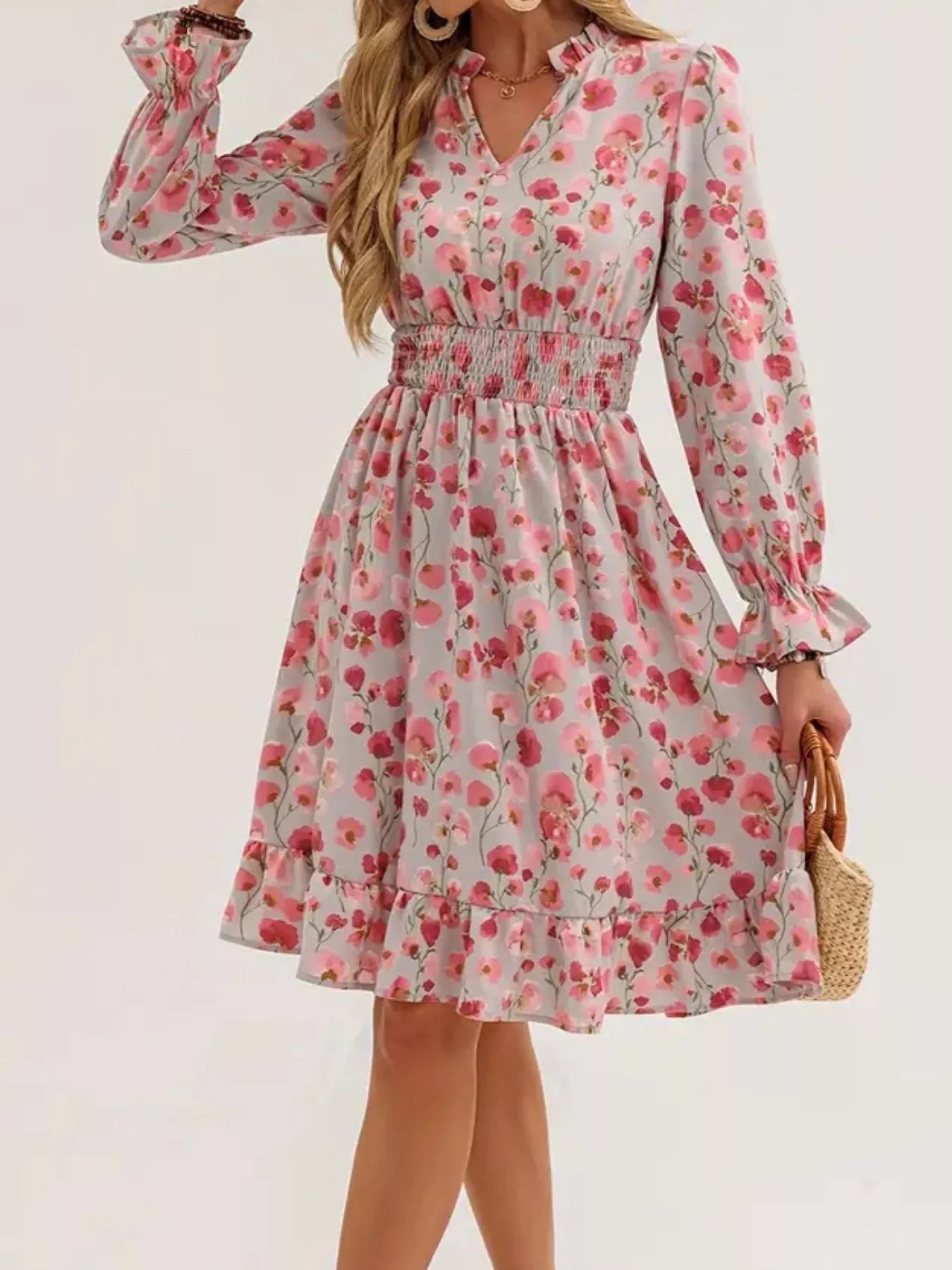 Floral Notched Flounce Sleeve Dress  Shop One Place