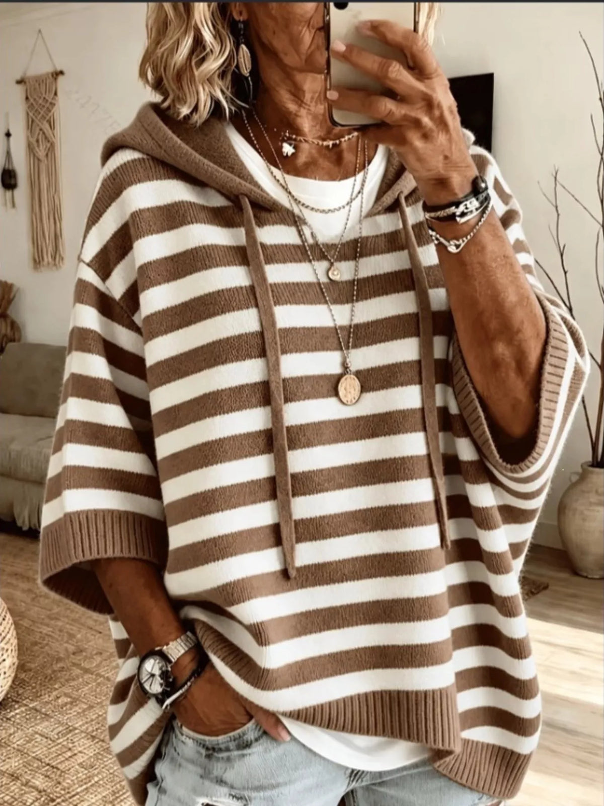 Striped Hooded Knit Sweater in Multicolor