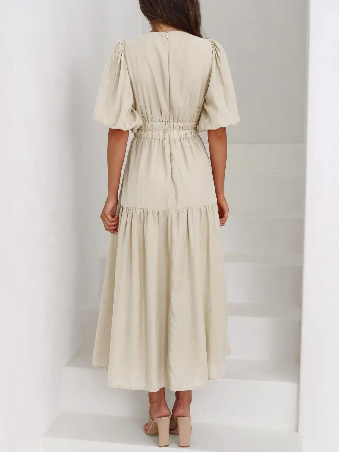 V-Neck Puff Sleeve Midi Dress  Shop One Place