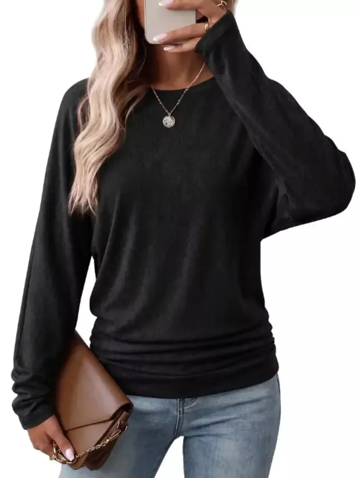 Women's Long Sleeve Crew Neck T-Shirt with Ruched Hem – view 5