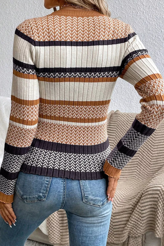 Stripe Stylish Pattern Knitted Ribbed Trim Slim Sweater  Shop One Place