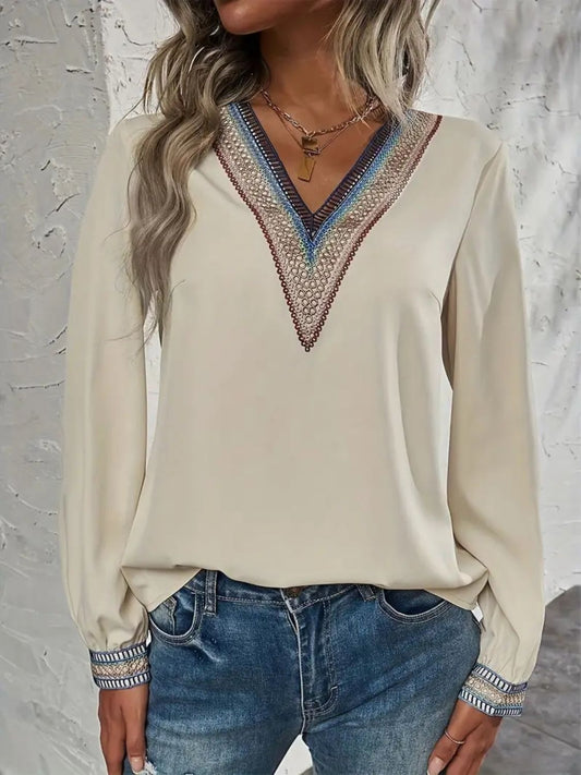 CJY Contrast V-Neck Long Sleeve Blouse