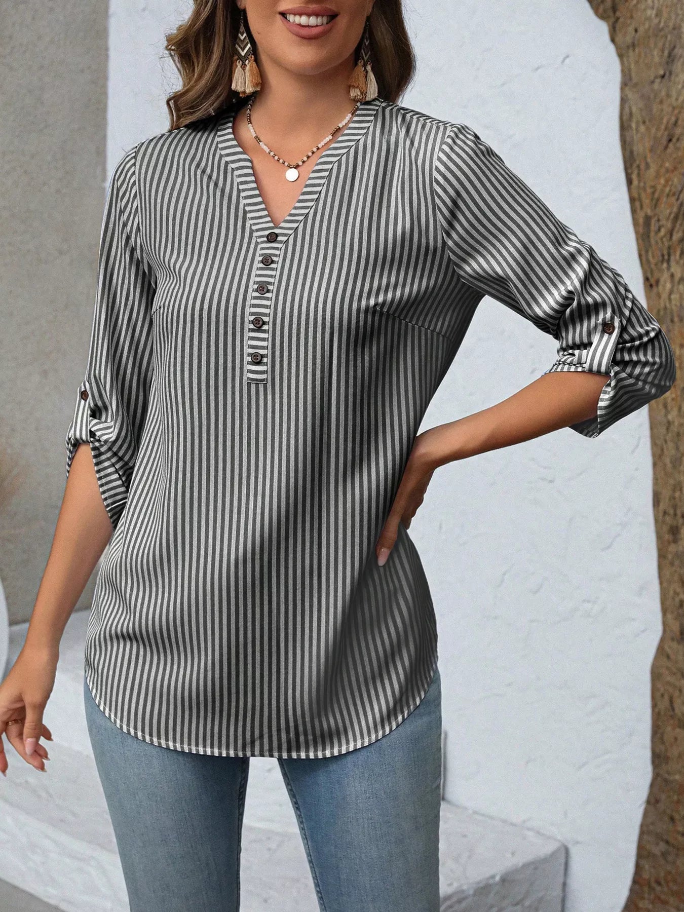 Striped V-Neck Roll-Up Sleeve Blouse  Shop One Place