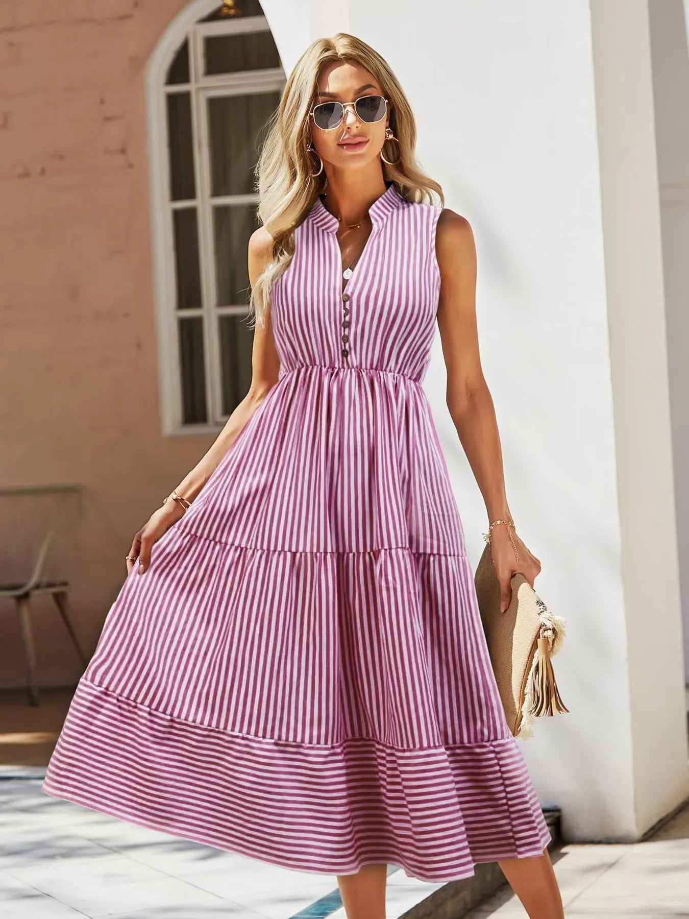 Striped Sleeveless Tiered Midi Dress  Shop One Place