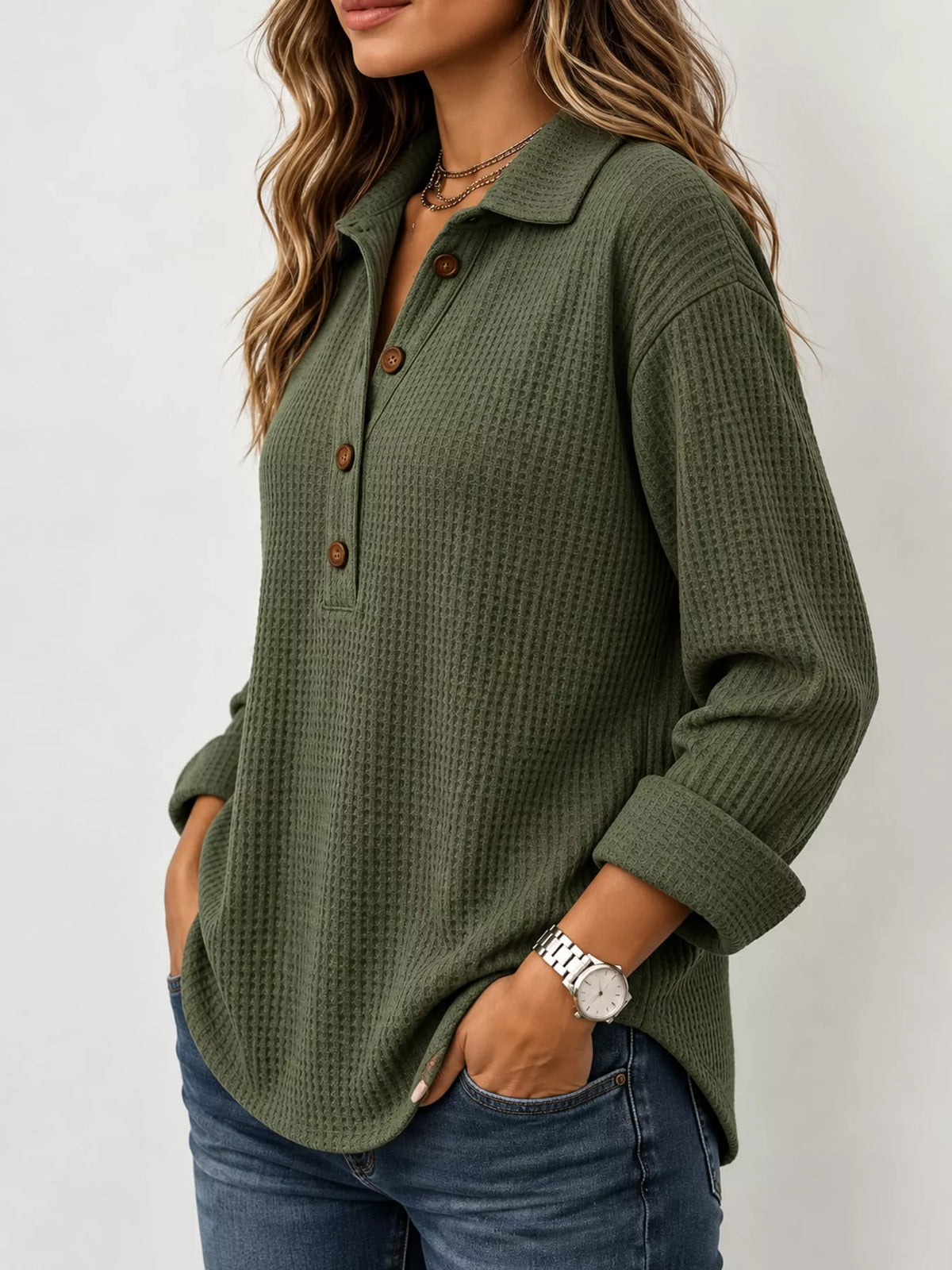 Women's Waffle Knit Long Sleeve Polo Top – view 28