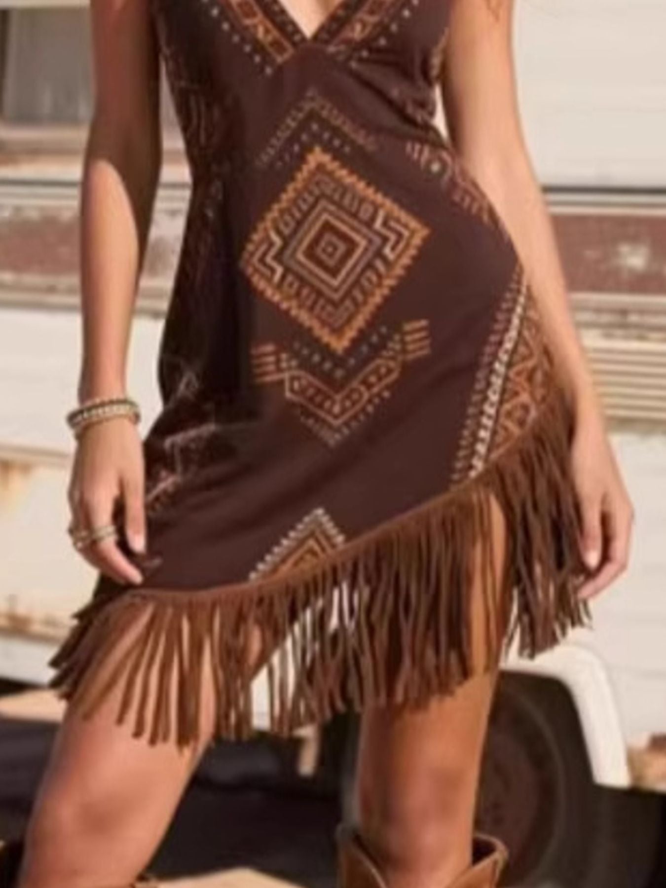 Fringe Trim Geometric Mini Dress  Shop One Place