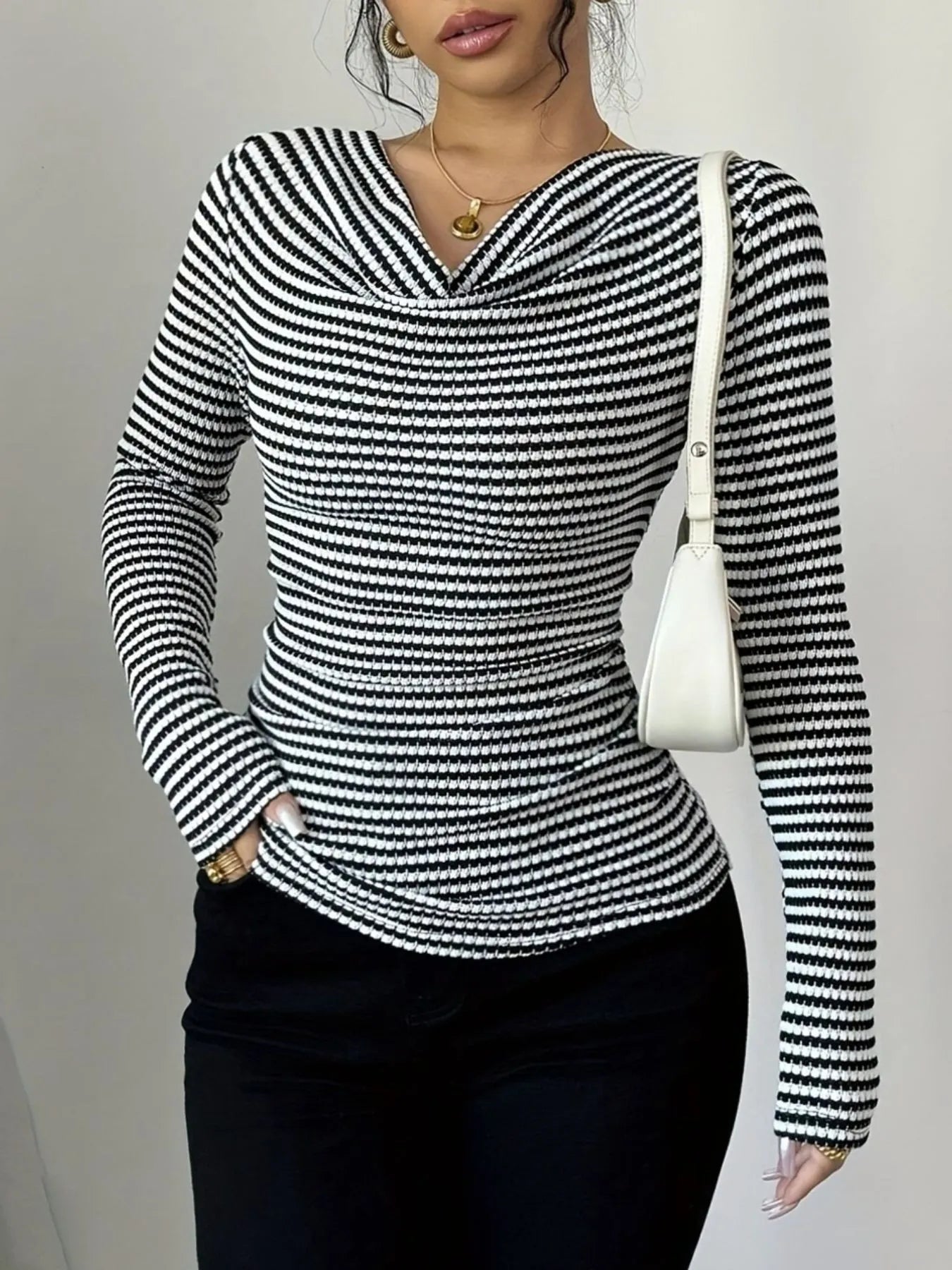 Striped Cowl Neck Long Sleeve T-Shirt  Shop One Place
