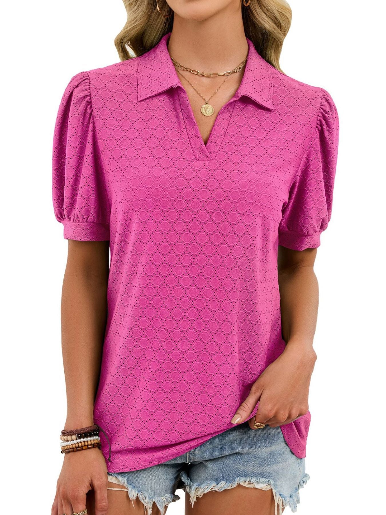 Eyelet Johnny Collar Puff Sleeve Top  Shop One Place