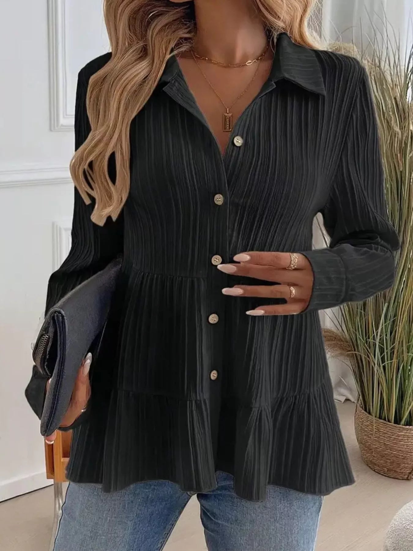 Button-Down Long Sleeve Tiered Shirt  Shop One Place