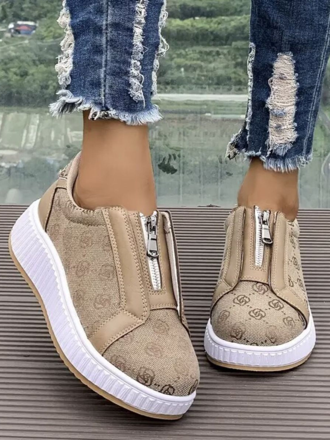 Floral Round Toe Sneakers with Zip  Shop One Place