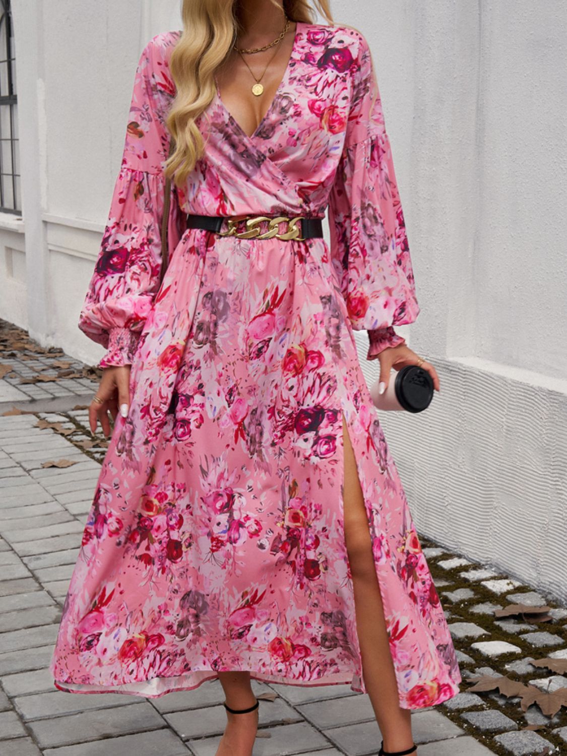 Split Printed Surplice Long Sleeve Floral Midi Dress