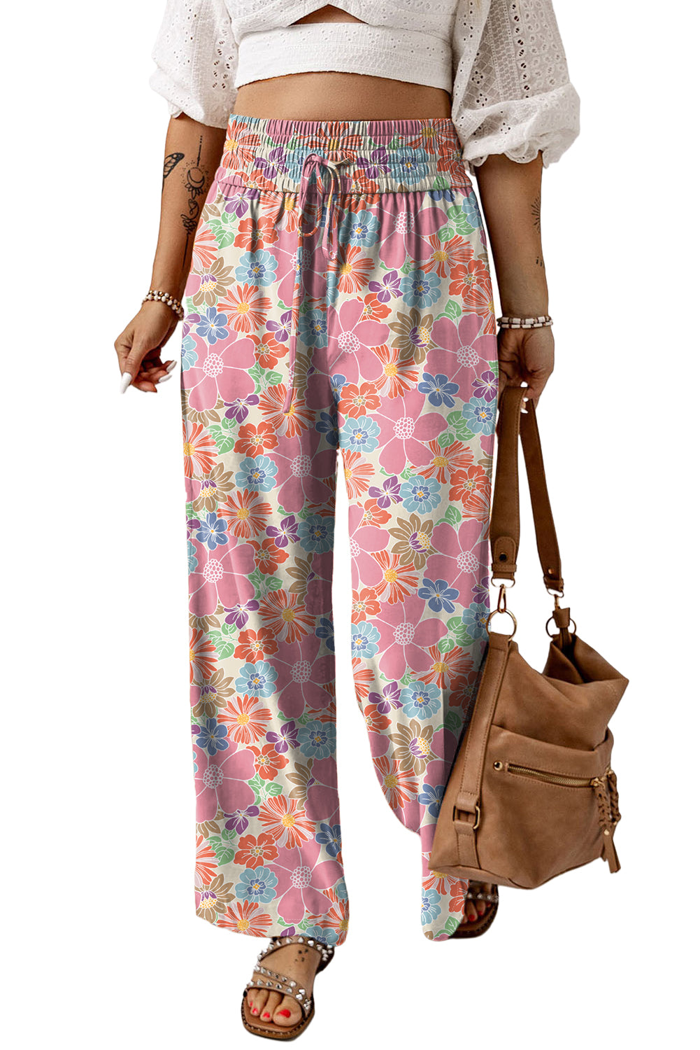 Pink Floral Smocked Elastic Waist Loose Pants