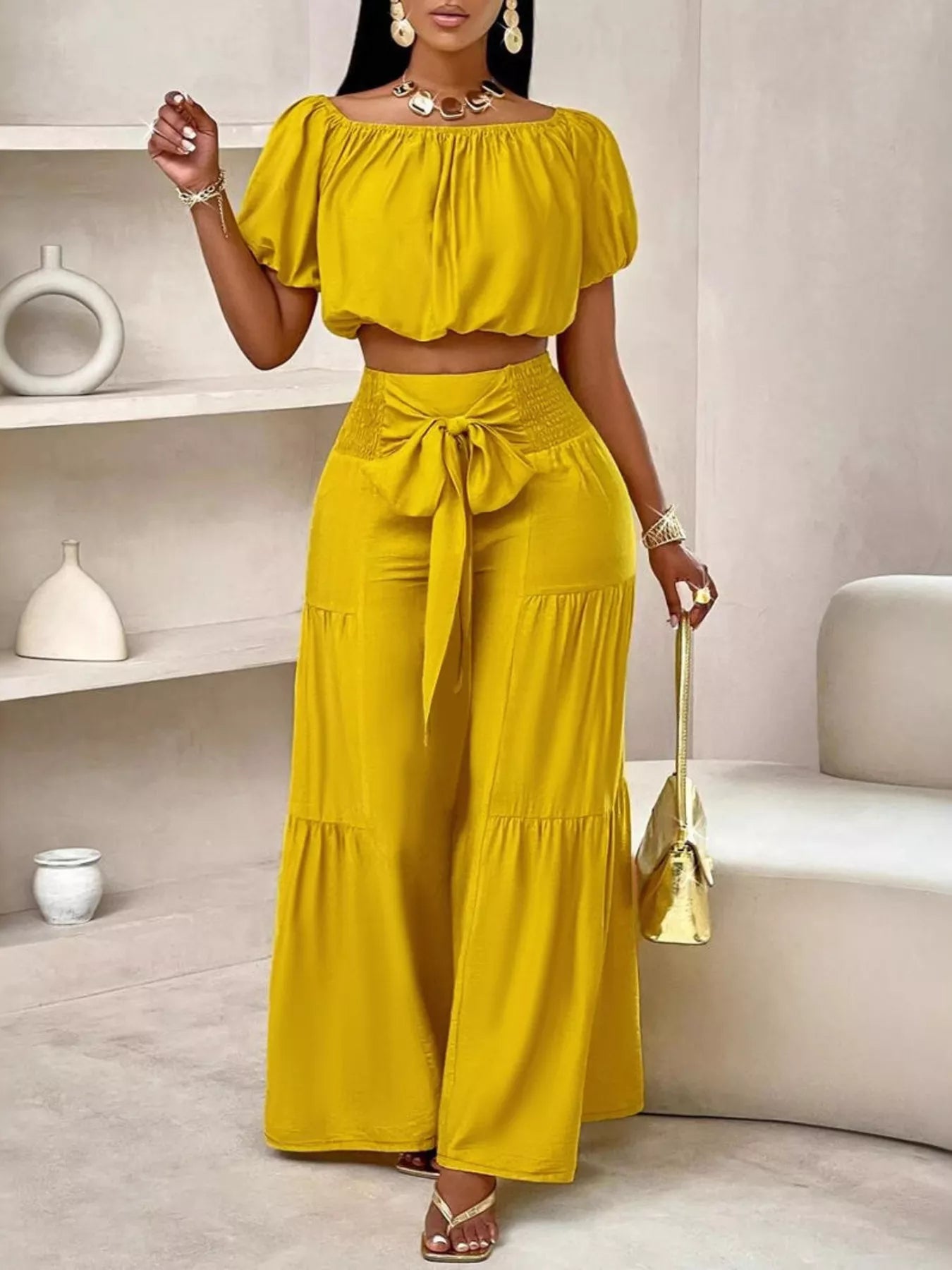 Elegant Off-Shoulder Crop Top and Ruched Wide Leg Pants Set  Shop One Place