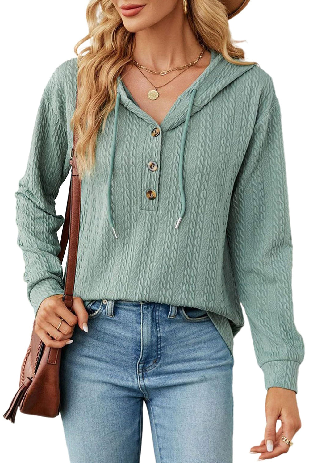 Mint Green Button Front Textured Drawstring Hooded Top