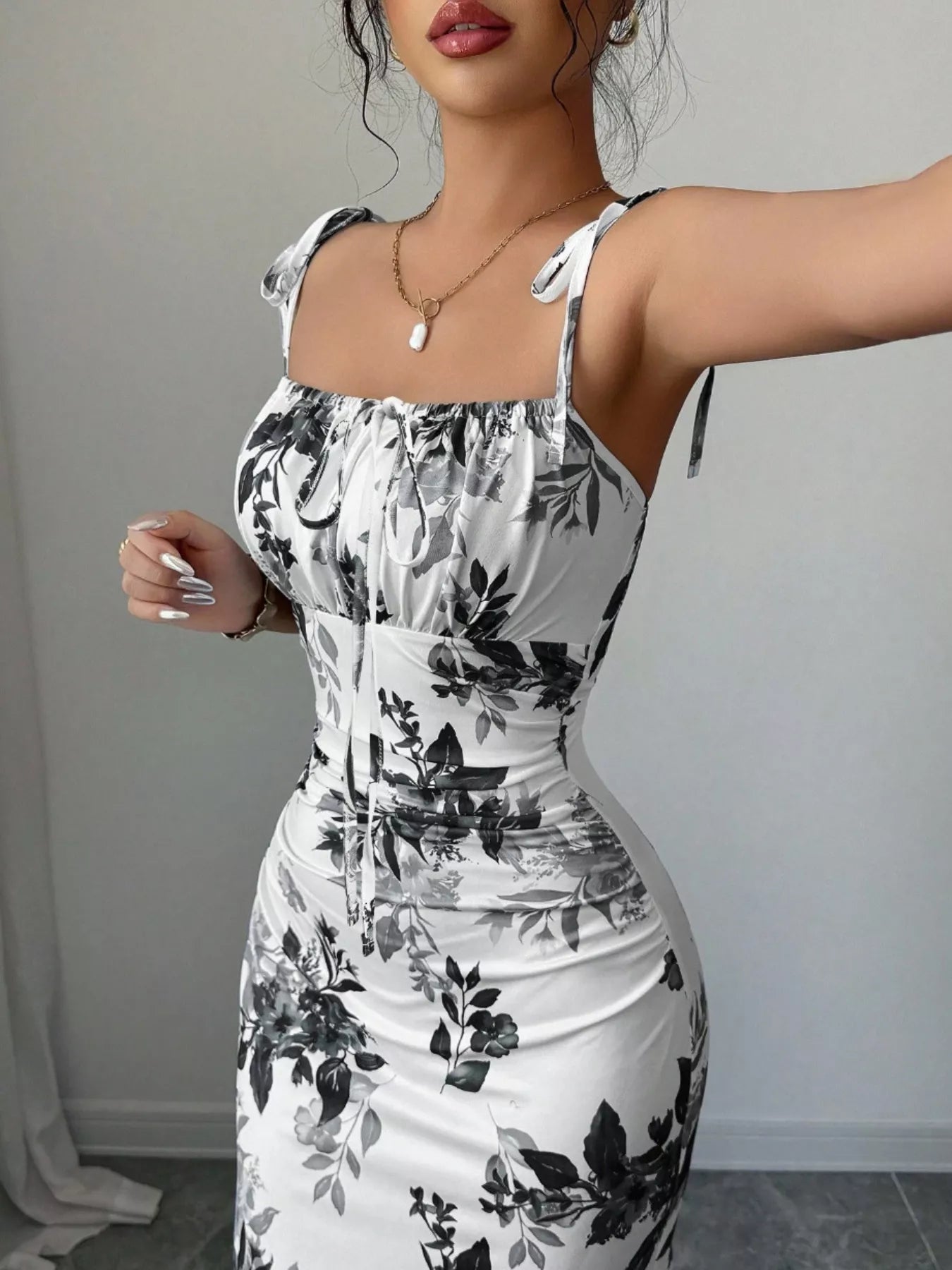 Printed Tie Strap Slit Maxi Dress  Shop One Place