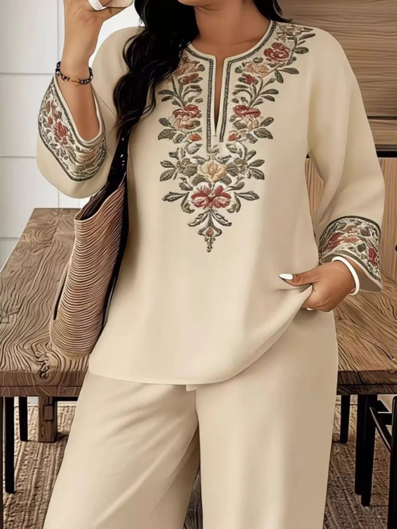 Full Size Embroidered Long Sleeve Top and Pants Set Plus Size  Shop One Place