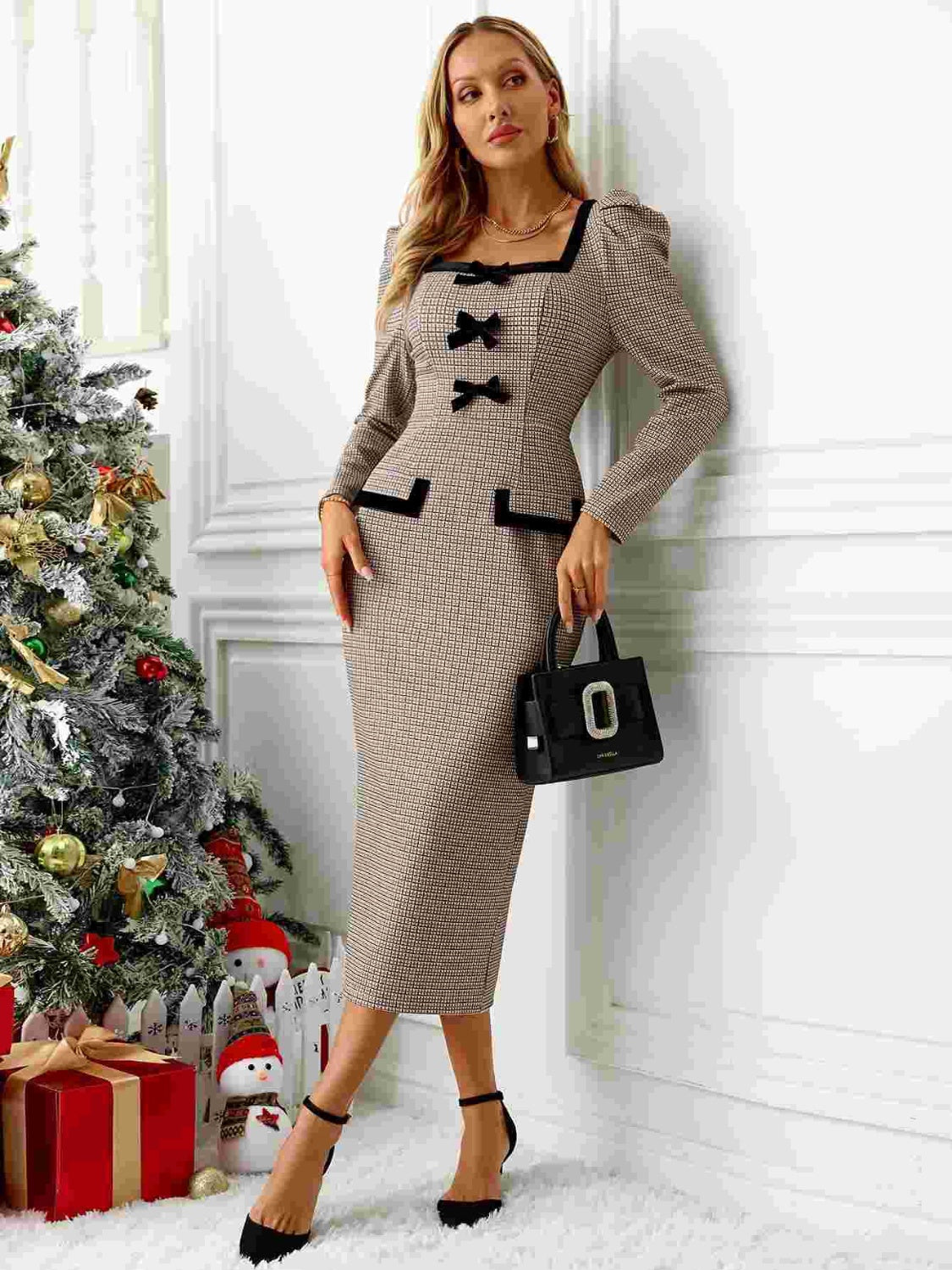 Bow Plaid Square Neck Puff Sleeve Dress  Shop One Place