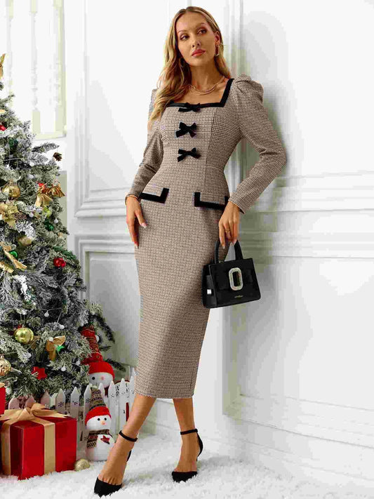 Bow Plaid Square Neck Puff Sleeve Dress  Shop One Place