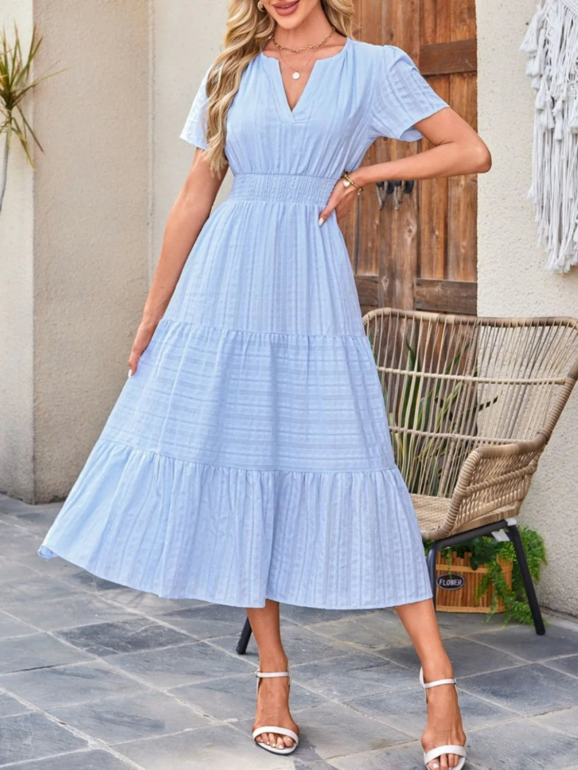 Tiered Notched Short Sleeve Dress  Shop One Place