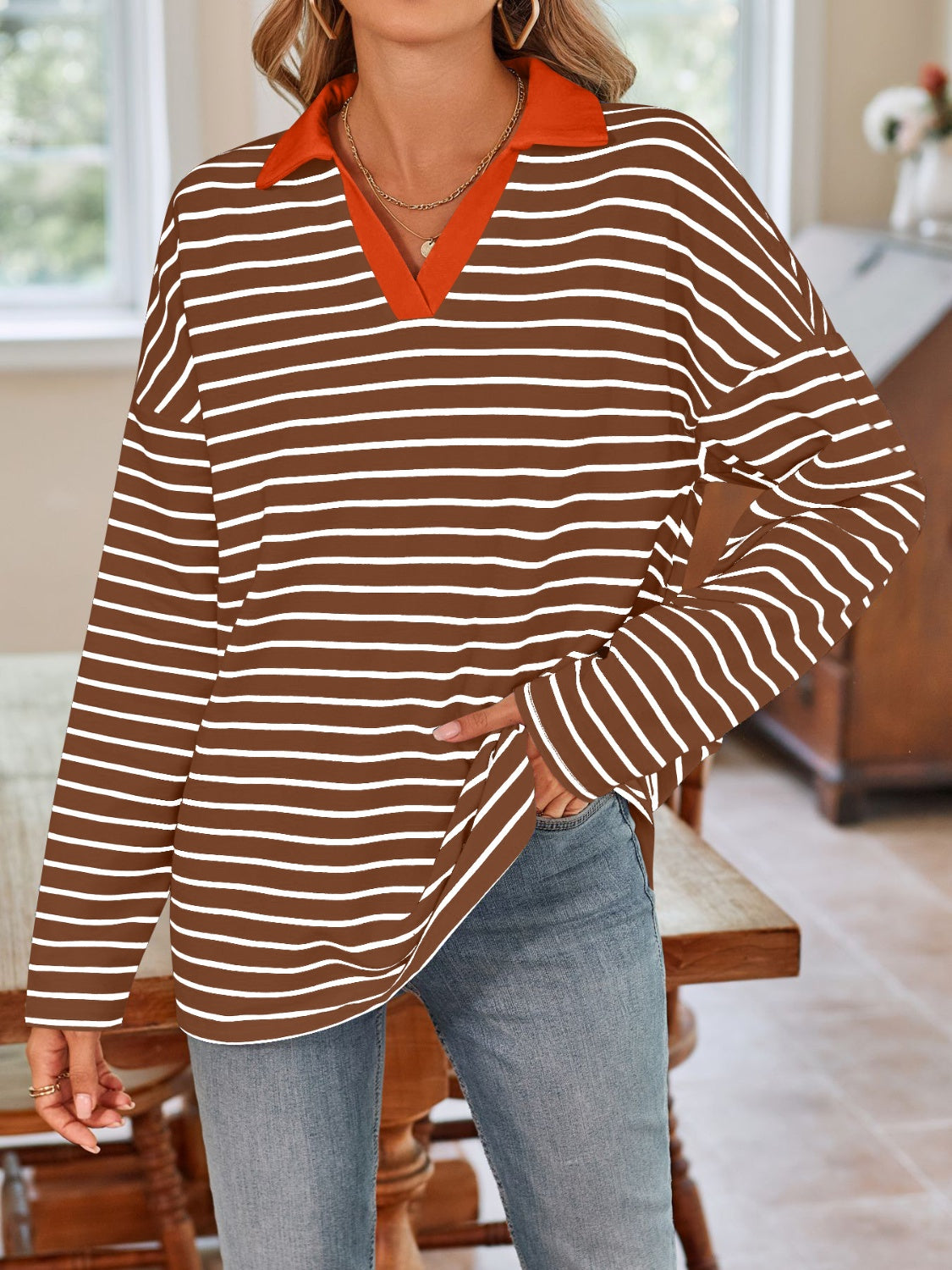 Lovelet Striped Johnny Collar Long Sleeve T-Shirt