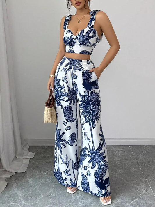 Floral Print Smocked Crop Top & Wide-Leg Pants Set – Women’s Two-Piece Outfit  Shop One Place